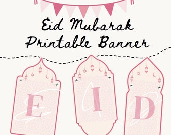 Banner imprimible para Eid Mubarak, color rosa, descarga instantánea