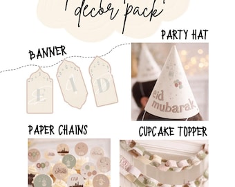 Decoración Eid - Kit de decoración imprimible para Eid Mubarak: pancarta, cadenas de papel y adornos para cupcakes (PDF)