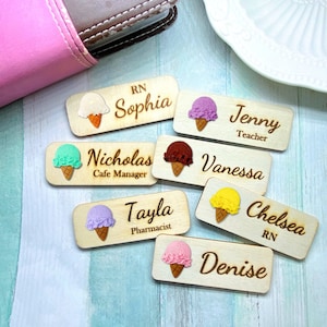 Handmade 3D Ice Cream Personalized Wooden Name Tag Badge with Magnetic Backing or Pin Backing, Nursing Name Tag
