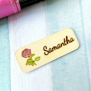 Handmade Glitter Rose Flower Personalized Wooden Name Tag Badge with Magnetic Backing or Pin Backing, Nursing Name Tag