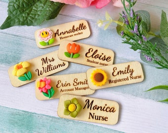 Personalized Wooden Name Tag with 3D Flower, Custom ID Badge for Nurse, Teacher