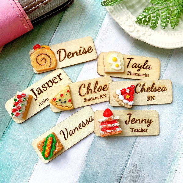 Personalized 3D Food Dessert Wooden Name Tag Badge with Magnetic Backing or Pin Backing, Cafe Restaurant Name Tag