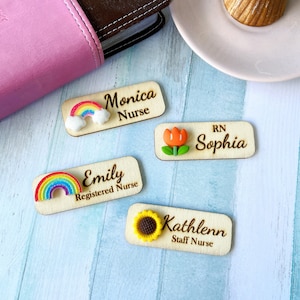 Personalized 3D Rainbow Flower Wooden Name Tag Badge with Magnetic Backing or Pin Backing, Nursing Name Tag