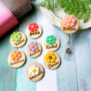 Handmade Personalized Chrysanthemum Name Badge, Floral Name Badge, Nurse Name Badge, Custom Name Badge, Wooden Name Badge, Name Badge Reel