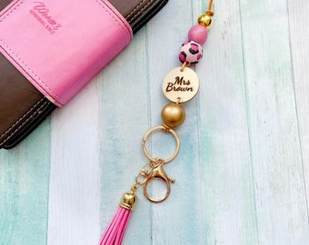 Pink Leopard Personalized Name Teacher Lanyard, Handmade Golden Polymer Clay Wood Beaded Tassel Lanyard,   Beaded Lanyard