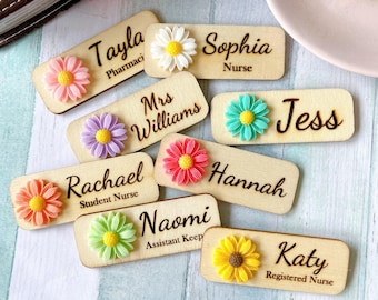 Personalised Wooden Name Badge, 3D Daisy Flower, Magnetic or Pin Name Tag