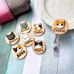 Handmade Personalized 3D Cat Head Wooden Name Badge Reel, Student Nurse, Midwife, Kitten Name Badge Reel or Clip