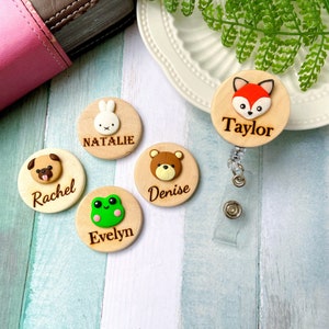 Handmade Adorable 3D Animals Personalized Wooden Name Badge Reel, Magnetic Backing or Clip and Pin Backing, Nursing Name Badge