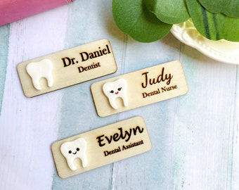 Dental Personalized Name Tag Badge, Dentist Name Badge, Nurse Name Badge, Polymer Clay Name Badge, Custom Name Badge, Wooden Name Badge