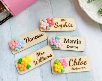Personalized Floral Wooden Name Tag, Custom Engraved ID Badge, Teacher, Nurse, Staff Gift