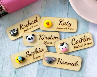Handgemaakte 3D-dieren gepersonaliseerde houten naam tag badge met magnetische backing of pin backing, nursing naam tag