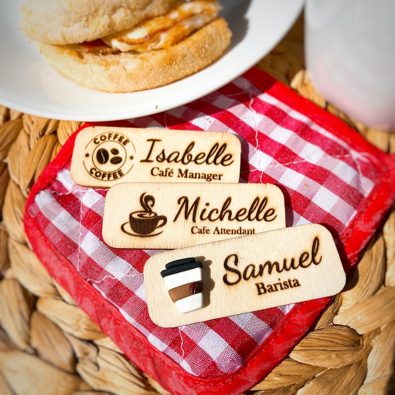 Handmade 3D Cafe Personalized Wooden Name Tag Badge With Magnetic ...