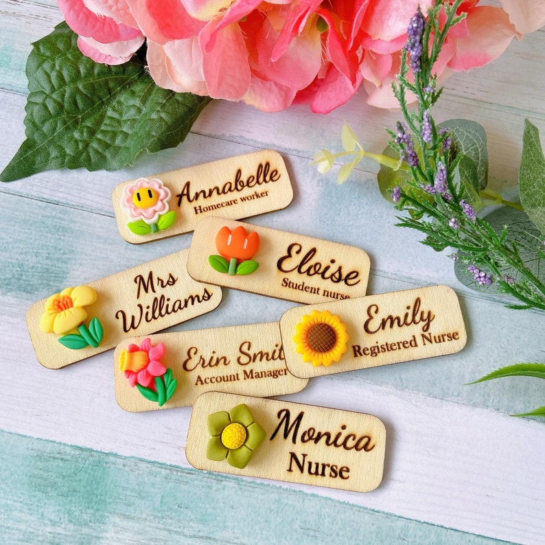 Personalized Wooden Name Tag With 3D Flower, Custom ID Badge for Nurse ...