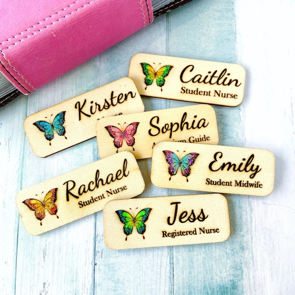 Handmade Glitter Butterfly Personalized Wooden Name Tag Badge with Magnetic Backing or Pin Backing, Nursing Name Tag