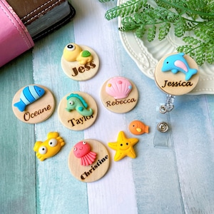 Handmade Personalized Aquarium Name Badge, Sealife Name Badge, Nurse Name Badge, Custom Name Badge, Wooden Name Badge, Name Badge Reel