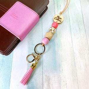 Pink Lanyard, Personalized Name Teacher Lanyard, Handmade Golden Polymer Clay Wood Beaded Tassel Lanyard,   Beaded Lanyard