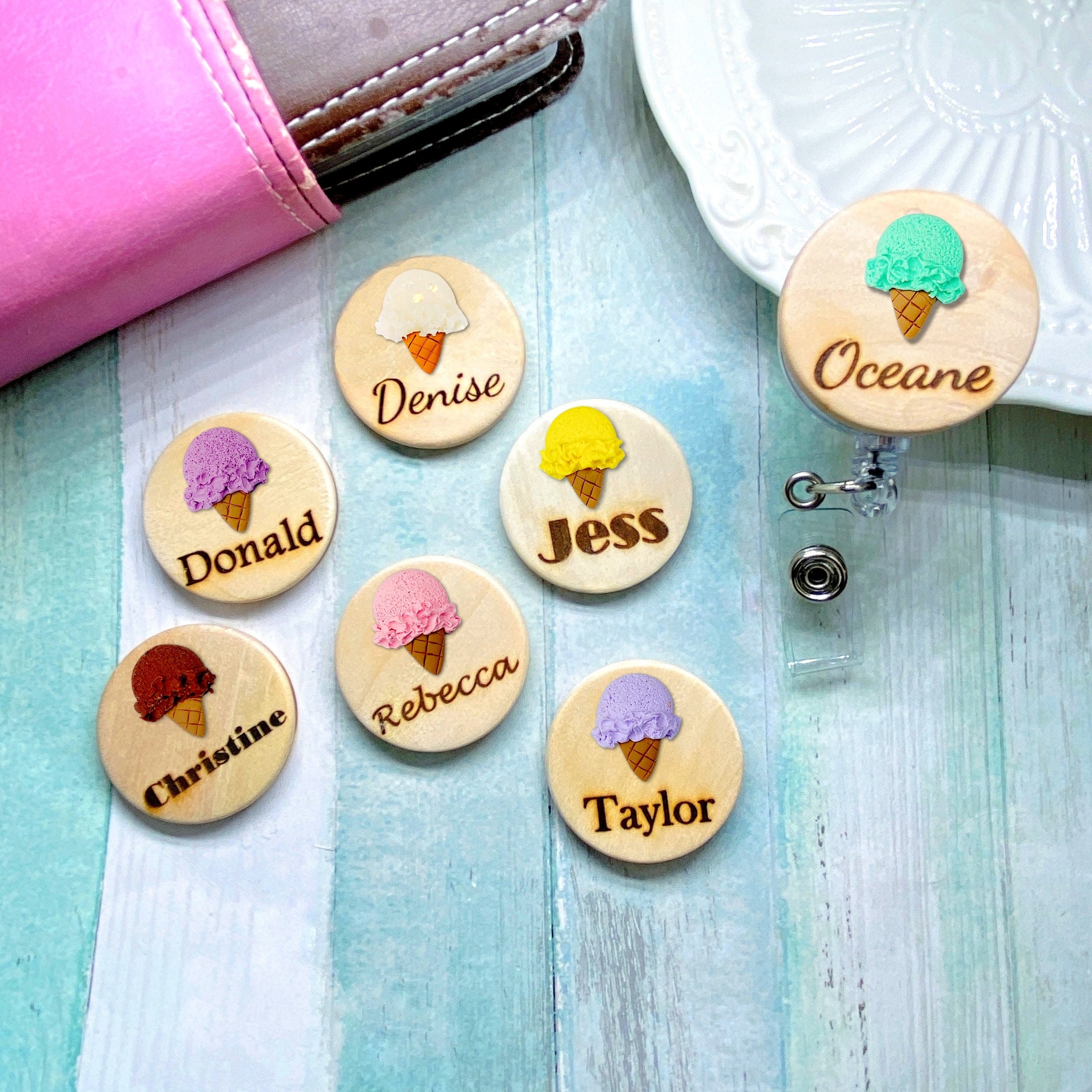 Handmade Personalized 3D Ice Cream Wooden Name Badge Reel, Student