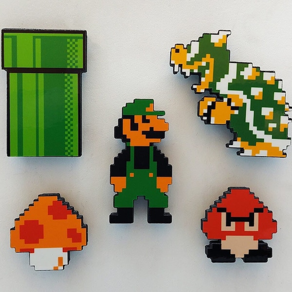 Super Mario Bros 3D Fridge Magnets (5 Magnets - Luigi, Bowser, Big Mushroom, Goomba, Warp Pipe)