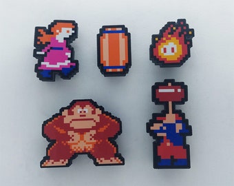 Donkey Kong Arcade Gaming Magnets (Mario with Hammer, Donkey Kong, Lady (Pauline), Barrel, Fireball)
