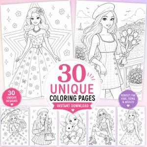 Puede incluir: Una colección de 30 páginas para colorear con ilustraciones de arte lineal en blanco y negro de personajes con diversos atuendos y escenarios, incluyendo un vestido de gala, una boina con tulipanes, un paraguas, un conejo y patines con texto.