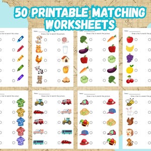 May include: A set of printable matching worksheets for kids. The worksheets feature colorful illustrations of various objects, animals, and food items. The text "50 Printable Matching Worksheets" is displayed at the top.