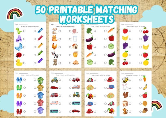 50 Printable Matching Worksheets, Match the Picture, Match the Colour, Preschool Activity, Educational Pages, Toddler Activity