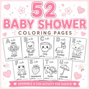 May include: A baby shower coloring book with 52 pages. The cover features pink text that reads "Baby Shower Coloring Pages". The coloring pages feature illustrations of an angel, bear, cup, donkey, elephant, frog, strawberry, turtle, and umbrella.
