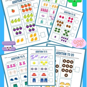 Peut inclure: Feuilles de calcul d'addition éducatives avec des illustrations colorées d'objets variés. Les feuilles de calcul sont intitulées "ADDITION TO 10", "ADDITION TO 5", et "ADDITION TO 20". L'image a une bordure bleue et les mots "well done!" et "GOOD JOB!!".