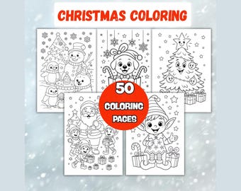 May include: A collection of 50 Christmas coloring pages featuring black and white line art illustrations of a snowman, penguins, a puppy in a gift box, a decorated Christmas tree, Santa Claus with elves, and a single elf, with the text CHRISTMAS COLORING.