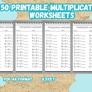 Puede incluir: Un conjunto de cuatro hojas de trabajo de multiplicación imprimibles con encuadernación en espiral. Cada hoja de trabajo tiene un fondo blanco con problemas de multiplicación. El texto "50 Printable Multiplication Worksheets" está en la parte superior. Formato A4, aprox. 21 x 29,7 cm.