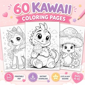 かわいい動物・デザートのぬり絵60枚 – 子供と大人向けの印刷可能なぬり絵 画像 1
