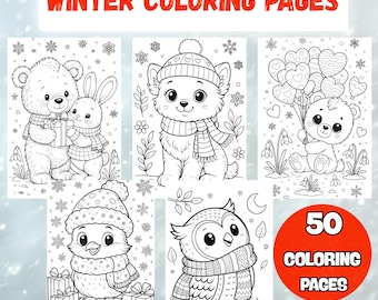 May include: A collection of winter-themed coloring pages featuring adorable animals. The pages include a bear and bunny, a kitten, a bear with heart balloons, a bird with gifts, and an owl. The text "WINTER COLORING PAGES" and "50 COLORING PAGES" are displayed.