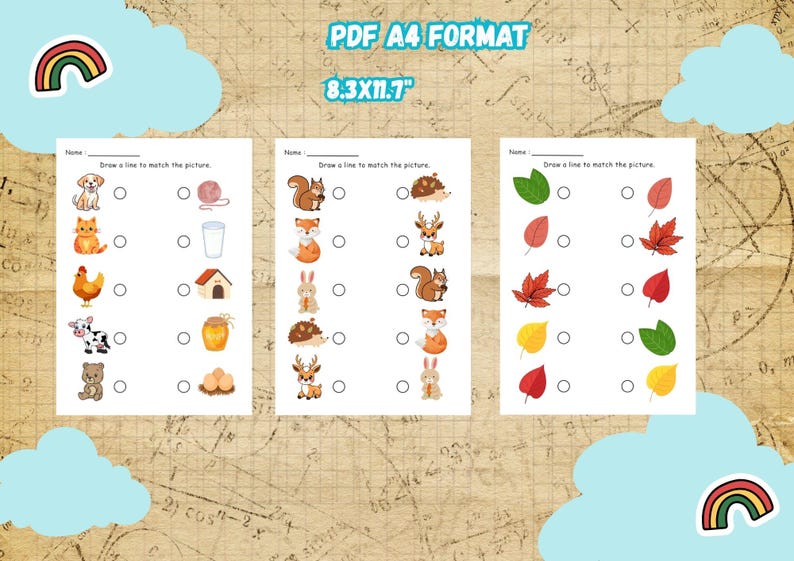 May include: Three educational worksheets with matching exercises. The worksheets feature colorful illustrations of animals, objects, and leaves. The text "PDF A4 FORMAT 8.3X11.7" is displayed at the top. The worksheets are designed for children.