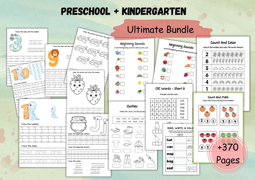 Preschool Kindergarten Worksheet Bundle | 370+ Learning Pages (digital ...