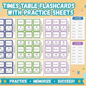 May include: Educational flashcards for learning multiplication tables. The cards feature multiplication problems and answers, with practice sheets. The text on the cards includes "TIMES TABLE FLASHCARDS WITH PRACTICE SHEETS" and "PRACTICE • MEMORIZE • SUCCEED!"
