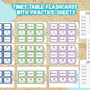 Puede incluir: Tarjetas didácticas para aprender las tablas de multiplicar. Las tarjetas son de varios colores y presentan problemas de multiplicación y respuestas. El conjunto incluye hojas de práctica y una pegatina de arcoíris.