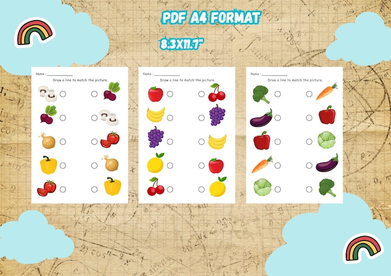 May include: Three educational worksheets with colorful illustrations of fruits and vegetables. Each worksheet has a "Draw a line to match the picture" activity. The worksheets are labeled "PDF A4 FORMAT 8.3X11.7".