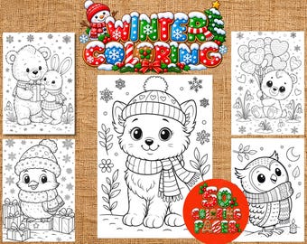 May include: A collection of five black and white coloring pages featuring winter-themed animals including a bear with a rabbit, a bird, a kitten, a bear with balloons, and an owl. The title "WINTER COLORING" and "50 COLORING PAGES" are displayed.