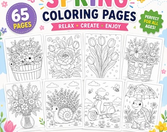 子供向けの春の塗り絵65ページ 印刷可能な塗り絵ブック すぐにダウンロード