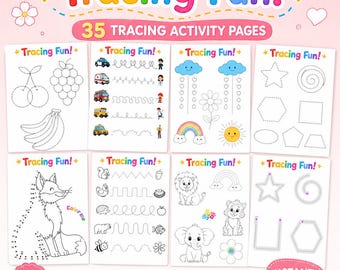 35 Kids Tracing Worksheets, Preschool, Toddler Activity, Montessori Learning Lines Shapes Animals (PDF Download)