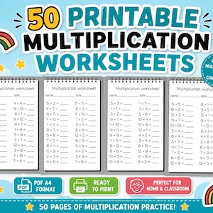 May include: A set of 50 printable multiplication worksheets featuring four spiral-bound pages with math problems. The text reads 50 PRINTABLE MULTIPLICATION WORKSHEETS, PRACTICE MULTIPLICATION BUILD CONFIDENCE, PDF A4 FORMAT, READY TO PRINT, and 50 PAGES OF MULTIPLICATION PRACTICE.