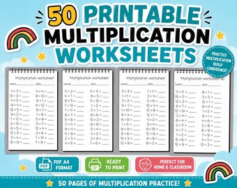 May include: A set of 50 printable multiplication worksheets featuring four spiral-bound pages with math problems. The text reads 50 PRINTABLE MULTIPLICATION WORKSHEETS, PRACTICE MULTIPLICATION BUILD CONFIDENCE, PDF A4 FORMAT, READY TO PRINT, and 50 PAGES OF MULTIPLICATION PRACTICE.
