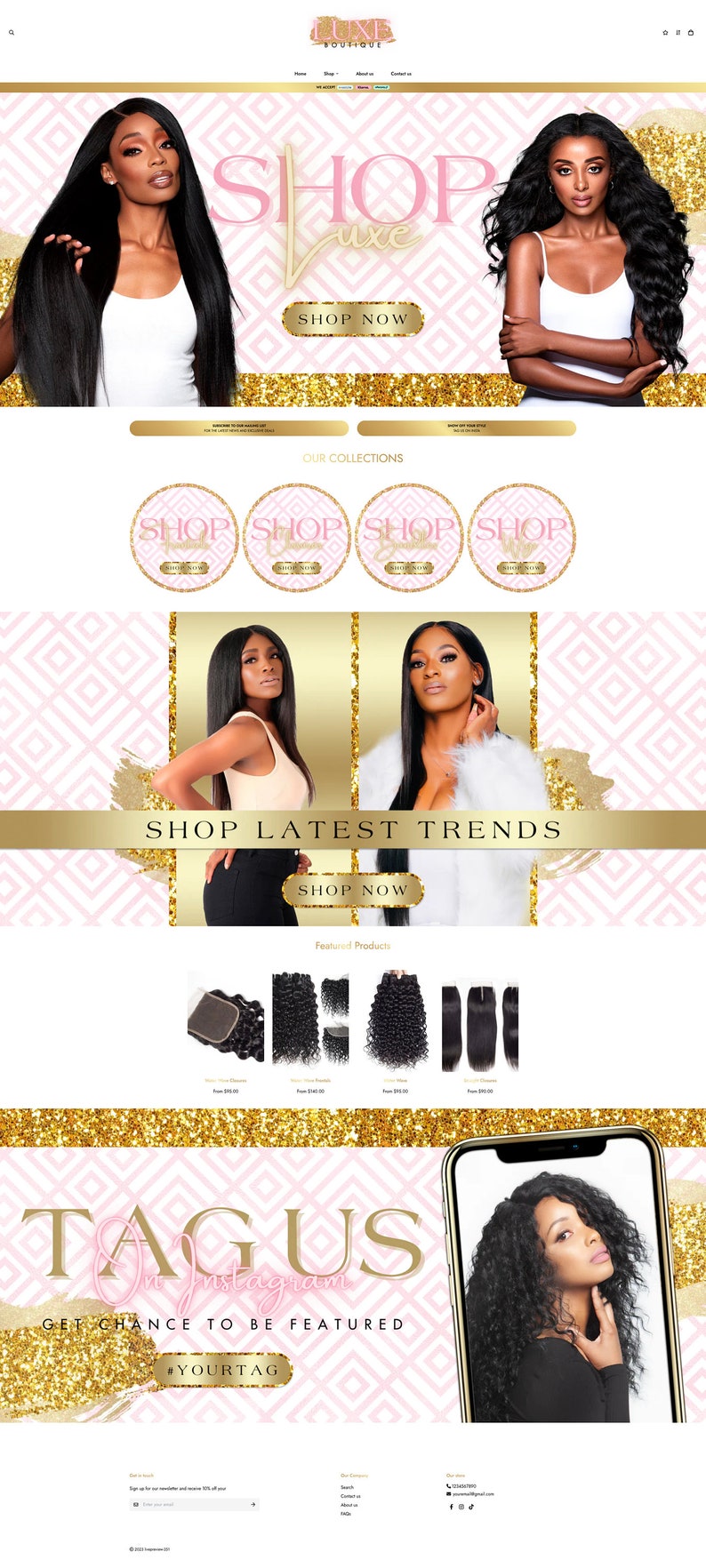 Pu&ograve; includere: Homepage del sito web di una boutique di extensioni per capelli chiamata "Luxe Boutique". Il sito web presenta immagini di donne con capelli lunghi e neri, e un invito all'azione per "Acquista ora". Il sito web presenta anche una sezione per "Le nostre collezioni" e "Acquista le ultime tendenze".