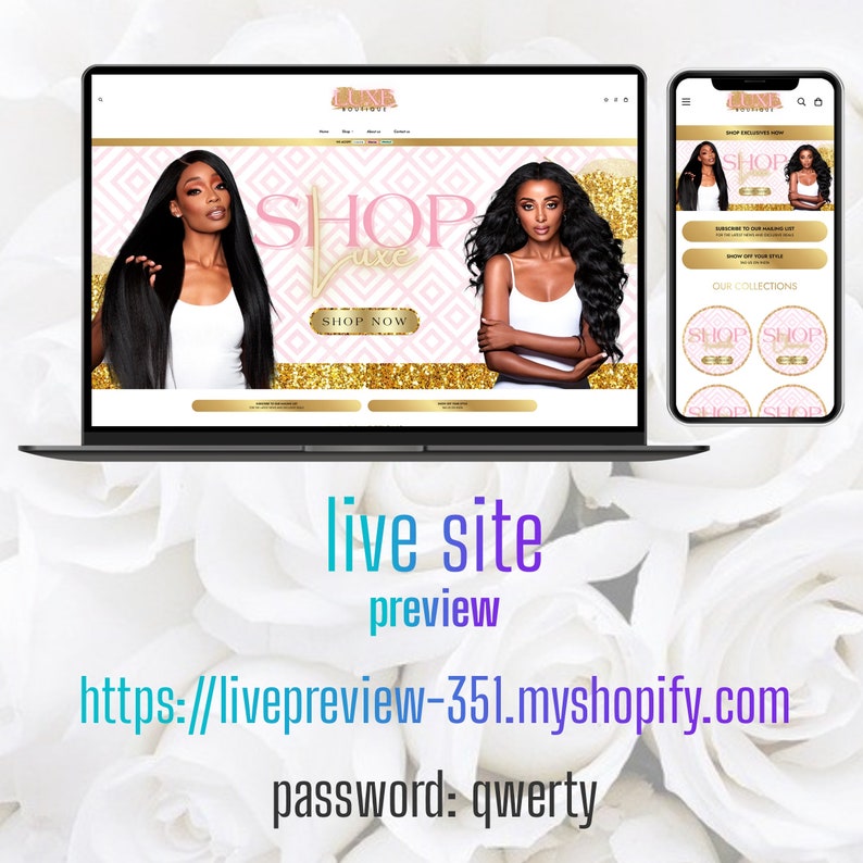 Pu&ograve; includere: Un computer portatile che mostra un sito web con uno sfondo rosa e oro. Il sito web &egrave; per un'azienda di extension per capelli chiamata "Lune Boutique". Il testo "Shop Luxe" &egrave; visualizzato in grandi caratteri grassi. Il sito web presenta anche immagini di donne con capelli lunghi e fluenti.