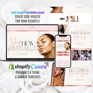 Peut inclure: Modèle de conception de site Web rose et blanc pour une entreprise de beauté ou de mode. Le modèle présente une grande image d'une femme avec un fond rose or. Le texte "Shop New Arrivals" est affiché dans une grande police. Le modèle comprend également une section pour "Nos collections" et un appel à l'action pour "Acheter maintenant".