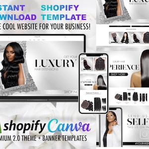 May include: A website mockup for a hair extensions business. The website features a black and white color scheme with a silver frame around a photo of a woman with long black hair. The text "Get Your Luxury Hair Extensions" is displayed in large, bold letters. The website also includes a call to action to "Shop Now".
