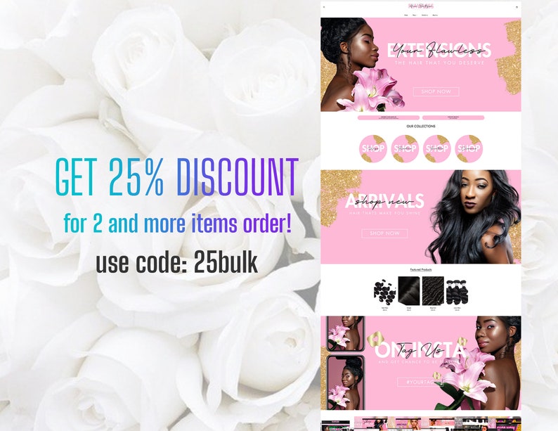 May include: Pink and gold website banner with the text "Your Flawless" and "Extensions" featuring a model with long black hair. The banner also includes the text "Shop Now" and "Our Collections".