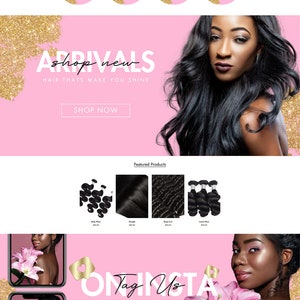 May include: Website homepage for a hair extensions company called "Hair Blessed". The website features a pink and gold colour scheme with images of women wearing hair extensions. The text "Your Flawless" is displayed in large white letters. The website also features a section for "Our Collections" and "Shop New Arrivals".