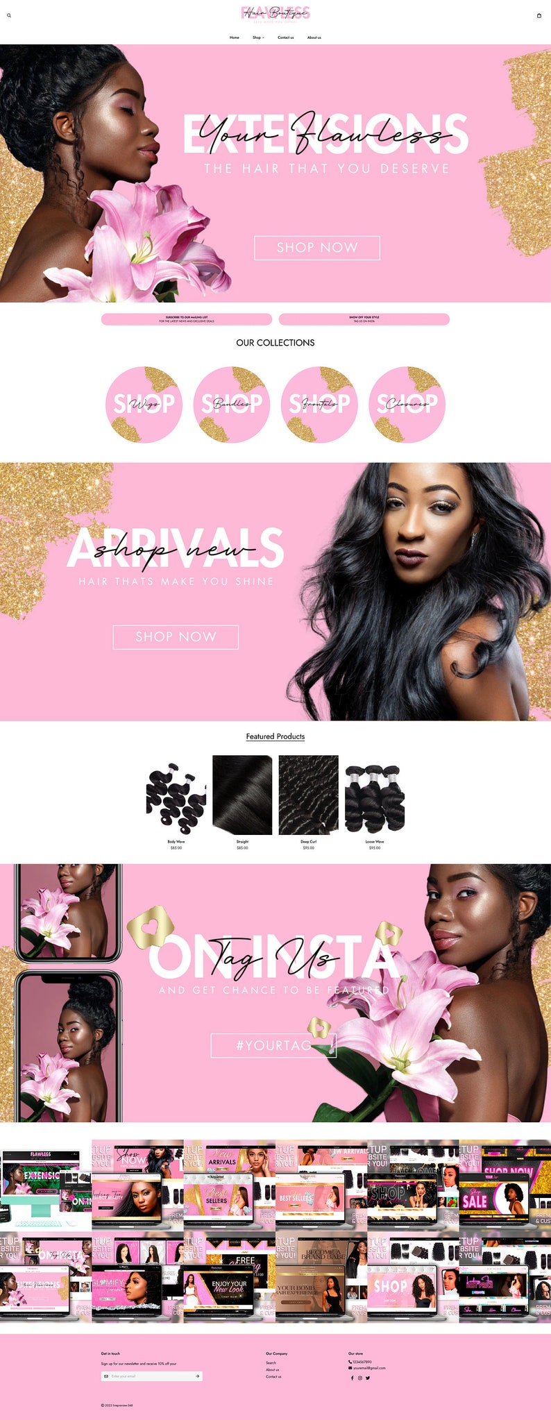 May include: Website homepage for a hair extensions company called "Hair Blessed". The website features a pink and gold colour scheme with images of women wearing hair extensions. The text "Your Flawless" is displayed in large white letters. The website also features a section for "Our Collections" and "Shop New Arrivals".