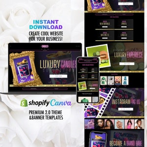 May include: A laptop screen displaying a website for luxury candles. The website features a black and gold color scheme with images of candles and text that says "Luxury Candles Collection". The website also includes a "Shop Now" button. The laptop is sitting on a white surface with white roses in the background. The text "Instant Download" and "Create Cool Website for Your Business!" is displayed above the laptop.